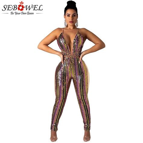 Sebowel Sexy Sequin Jumpsuit Club Wear Women Rainbow Glitter Rompers Sleeveless Striped Sparkle