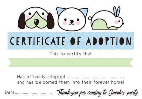 Our dogs and cats usually have no available medical history prior to their admittance to our shelters. Pet Rescue Party Pretend 'Adoption Certificate' - Blue ...