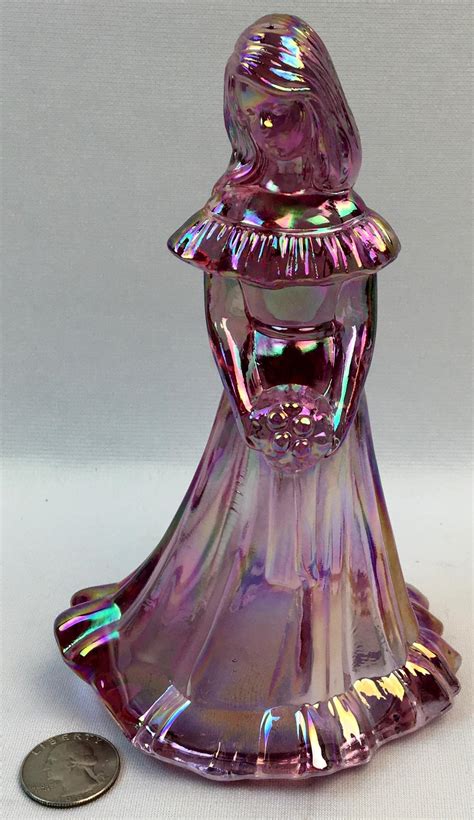 Lot Fenton Pink Iridescent Carnival Glass Girl With Floral Bouquet Figurine