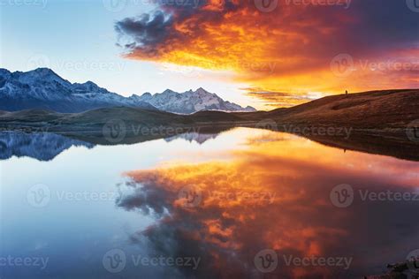 Sunset On Mountain Lake Koruldi Upper Svaneti Georgia Europe