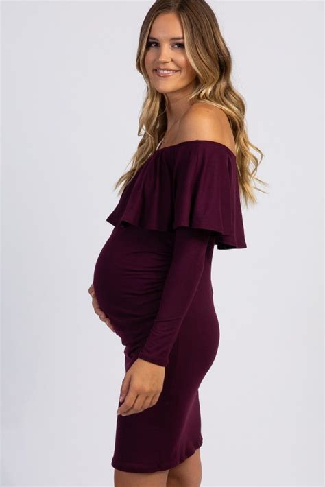 Pinkblush Mauve Ruffle Trim Off Shoulder Fitted Maternity Dress