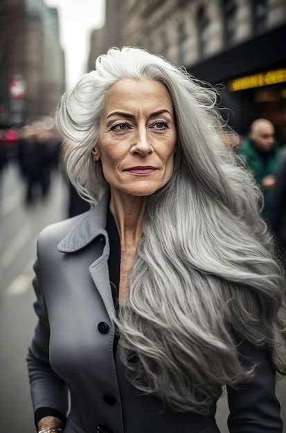 premium ai image generative ai illustration of beautiful 60 year old woman with gray hair on