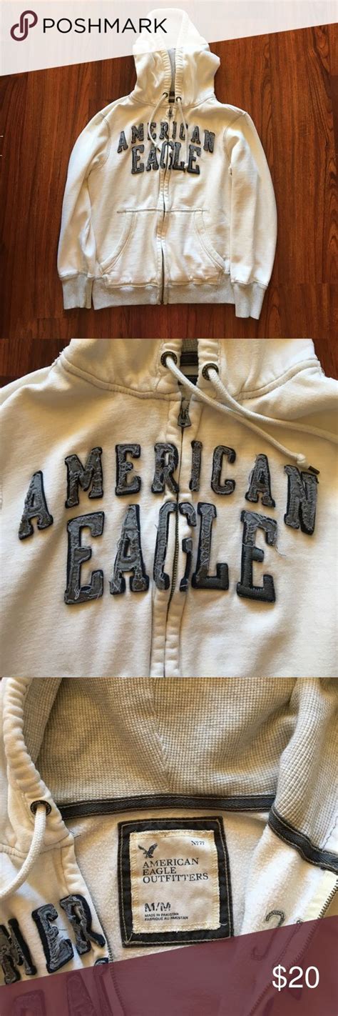 American Eagle Hooded Jacket Ae Cream And Gray Hooded Jacket Logo On