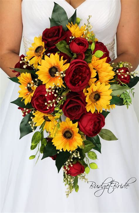 Sunflowers Roses And Berries Cascading Wedding Bouquet Red Bouquet