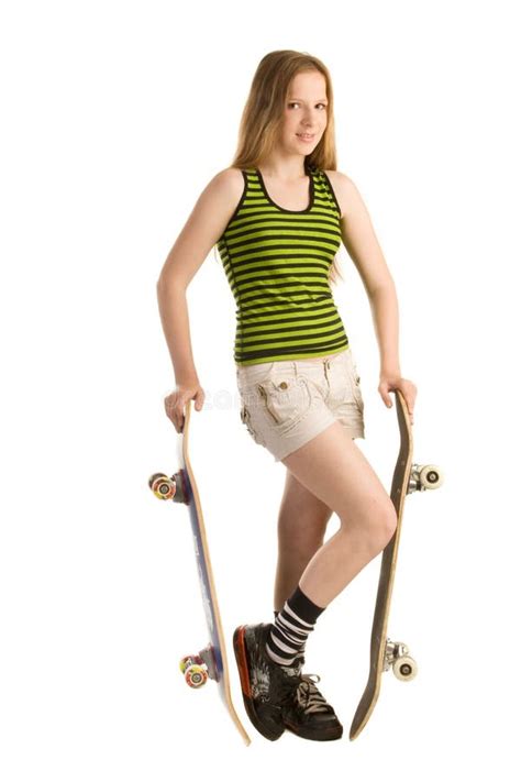 Teenage Girl With Two Skateboards Stock Image Image Of Indoors