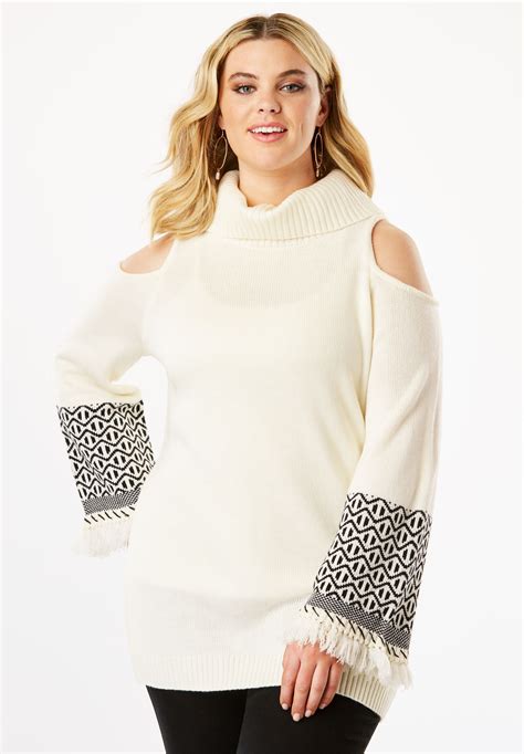 Cold Shoulder Turtleneck Sweater with Fringe| Plus Size Pullovers ...
