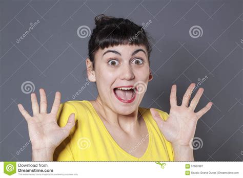 Fun Young Woman Expressing Amazement Stock Image Image Of Cheerful Laughing 57907887