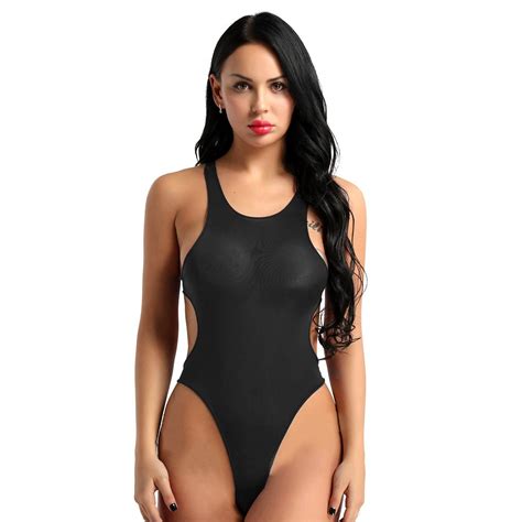 Buy Women One Piece See Through Sheer High Cut Backless Thong Leotard Stretchy Lingerie Bodysuit