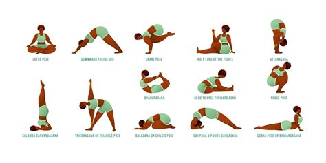 Yoga Poses Flat Vector Illustrations Set African American Dark