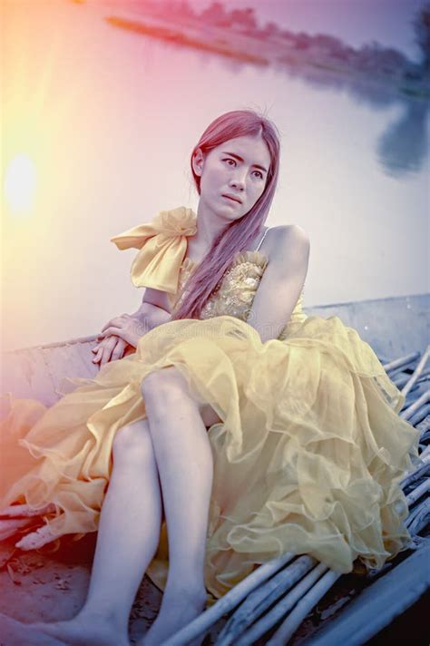 Asia Beautiful Woman In Yellow Dress Sit On Boat Stock Photo Image Of