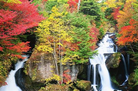 Autumn Waterfalls Fall Rocks Japan Trees Waterfalls Nikko Japan