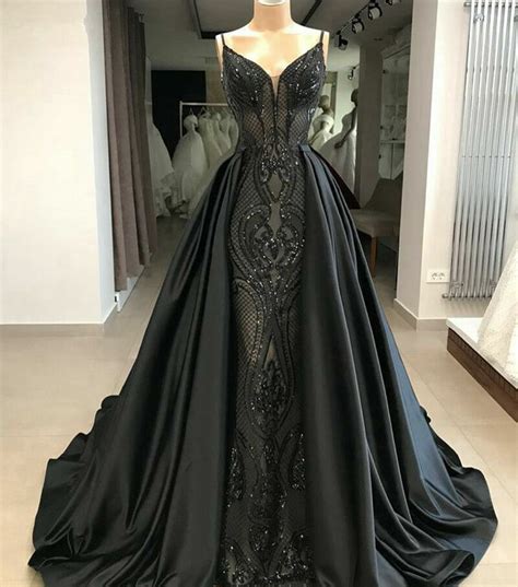 Gorgeous Mermaid Gothic Black Wedding Dress Detachable V Neck Satin Bridal Gown Ebay