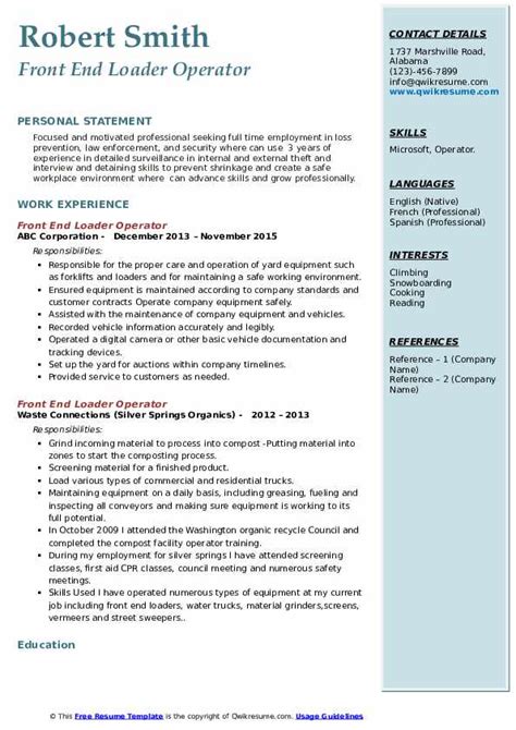 Front End Loader Operator Resume Samples Qwikresume