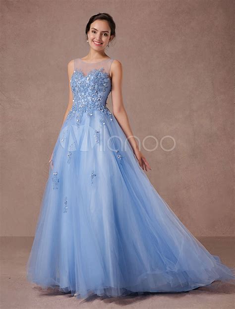blue lace wedding dress tulle bridal gown illusion neckline applique beading a line pageant