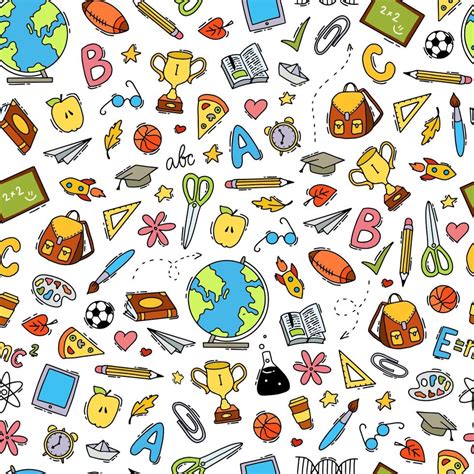Cute School Seamless Pattern Created From Hand Drawn Doodles On White