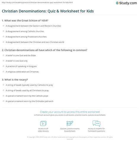 Christian Denominations Quiz And Worksheet For Kids