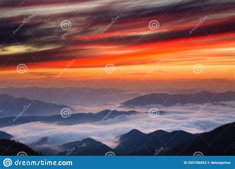 Foggy Sunrise In The Mountains Alps Mountains Stock Photo Image Of