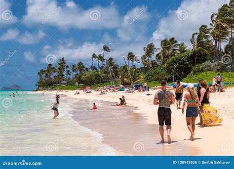 People Resting On Beautiful Lanikai Beach On Oahu Island Editorial