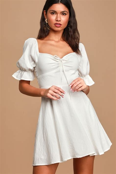 Pretty Puff Sleeve Dress White Mini Dress Casual Day Dress Lulus
