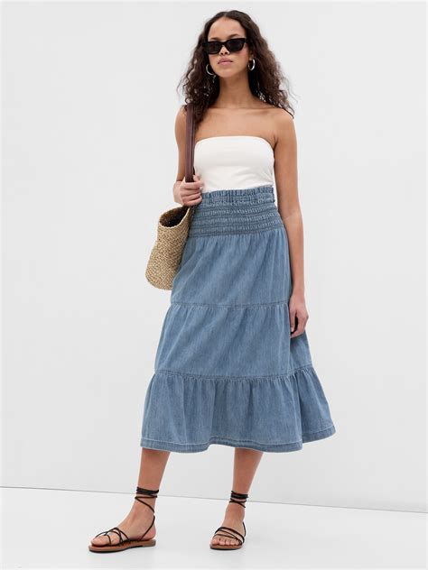Smocked Tiered Denim Midi Skirt With Washwell Gap