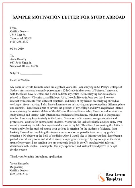 Sample Motivation Letter Template For Study Abroad Pdf And Word