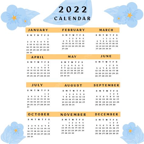 2022 Calendar With Blue Flowers 2022 Calendar 2022 Calendar Png