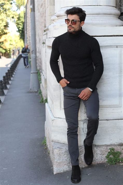 Slim Fit Wool Turtleneck Knitwear Black BOJONI Mens Business Casual Outfits Sweater Outfits