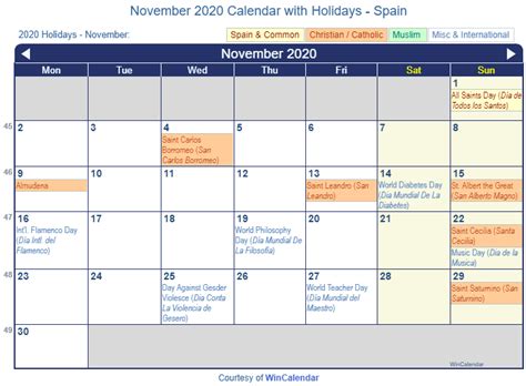 Print Friendly November 2020 Spain Calendar For Printing