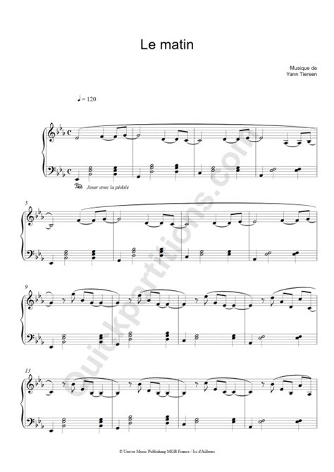 Le Matin Piano Sheet Music Yann Tiersen Digital Sheet Music