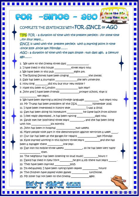 For Since Ago Practice With Key English Esl Worksheets Pdf And Doc