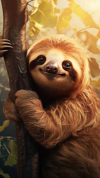 Premium Ai Image Gentle Sloth Hanging Upside Down From A Tree