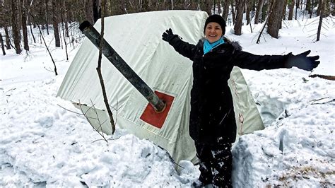 Surviving A Canadian Snow Blizzard Overnight In Hot Tent With Wood