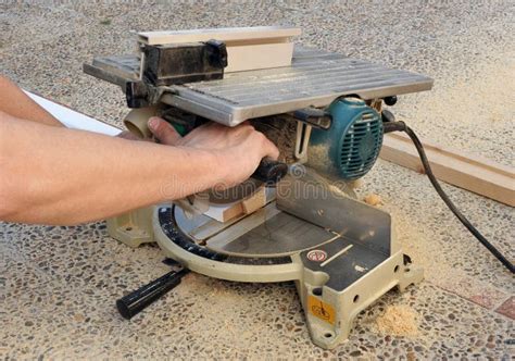 Carpenter Working With The Miter Saw Stock Image Image Of Machine