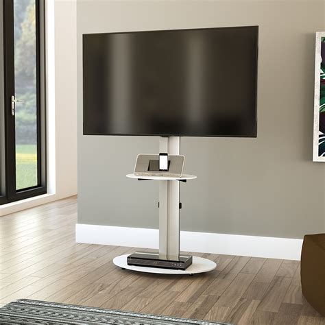 Fsl600ensw Eno Oval Pedestal Tv Stand Silver Column White Glass