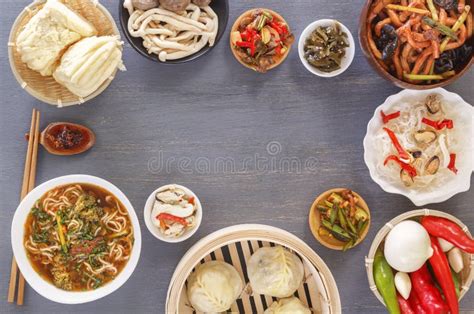 Dishes Of Chinese Cuisine In Assortment Steam Dumplings Noodles