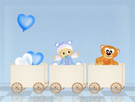 Baby Train Children Photo Framework On Blue Stock Illustration