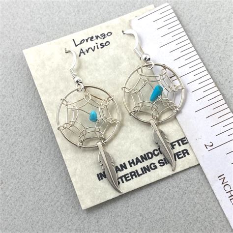 Navajo Sterling Silver Dream Catcher Earring With Drop Feathers