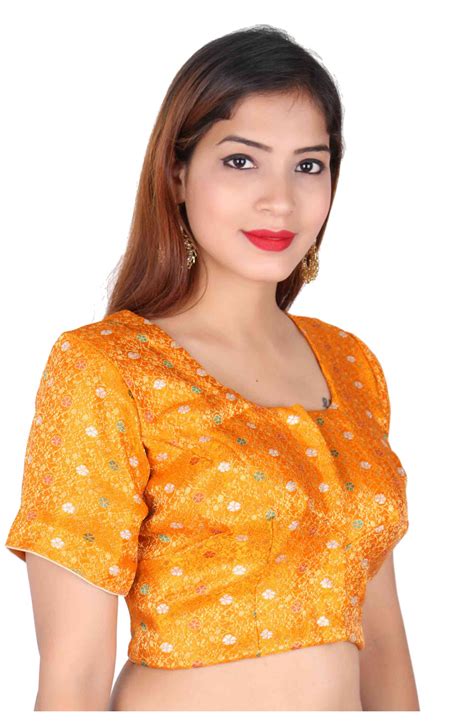 Orange Indian Ready Made Saree Blouse In Brocade Fabric Top Choli