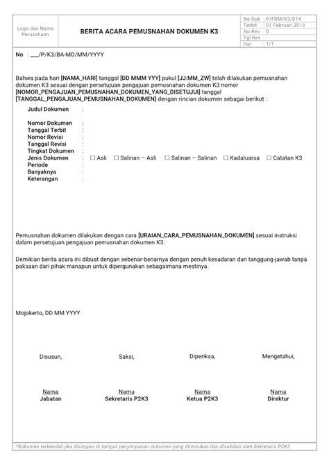 Format Berita Acara Pemusnahan Dokumen K