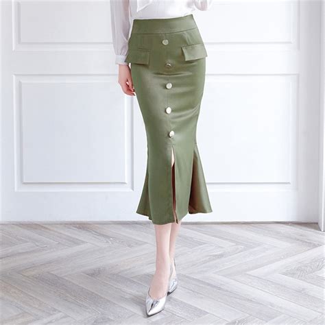 Fashion Women Silk Satin Skirt Zip Sexy Split Solid Avocado Green