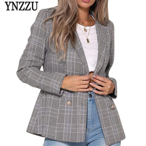 Ynzzu Fashion Double Breasted Plaid Blazer Women Autumn Elegant