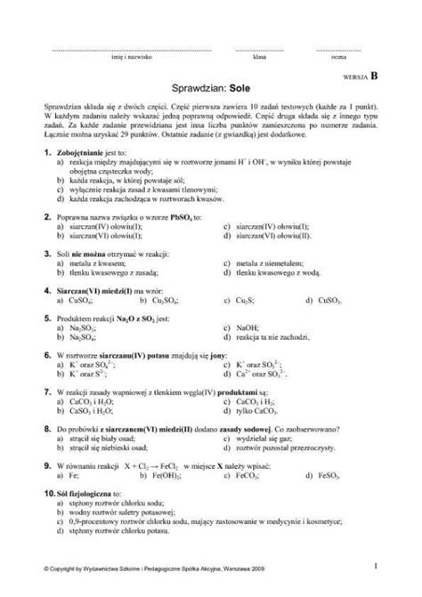 Chemia Klasa 8 Kwasy Sprawdzian Nowa Era Odpowiedzi - Sprawdzian z chemii " SOLE " Grupa A i B plis na jutro !!!! - Brainly.pl