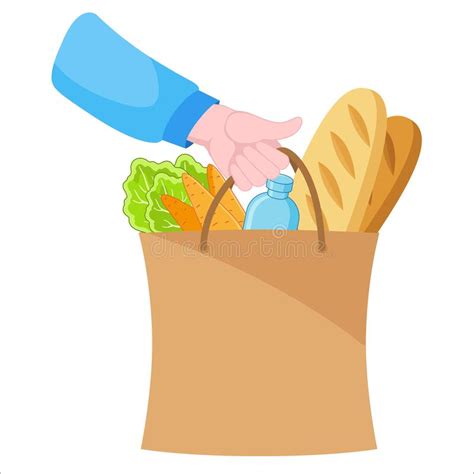 Vector Illustration Hands Holding Paper Eco Bag With Grocery Shopping