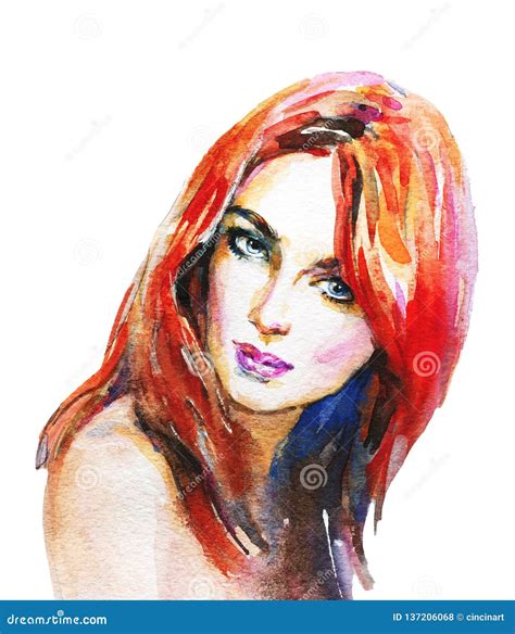 Watercolor Portrait Of Beautiful Woman Stock Illustration