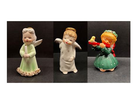 Vintage Ceramic Christmas Angels Lefton Fine A Japan Candle Slingshot