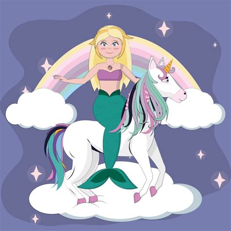 Premium Vector Beautiful Mermaid Riding Unicorn In The Skies