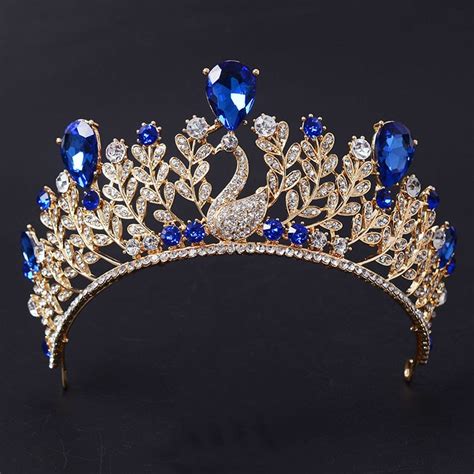 New Arrival Magnificent Blue Rhinestone Peacock Women Tiara Fashion Shiny Crystal Gold Crown For