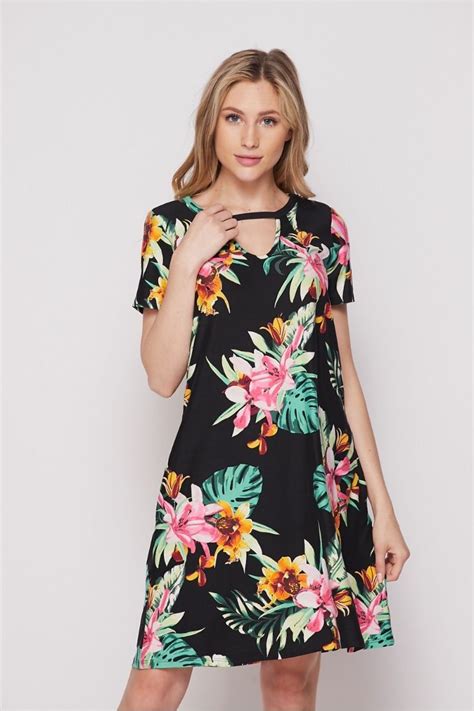 Honeyme Usa Black And Pink Hawaiian Print Dress With Short Sleeves And Pockets
