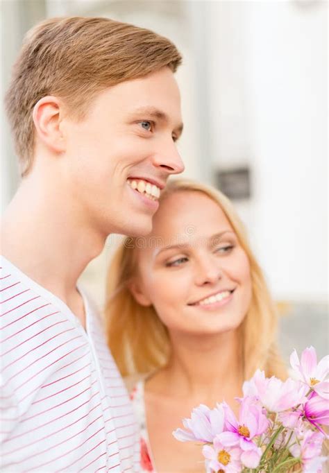 Couple With Flowers In The City Stock Image Image Of Happiness Love
