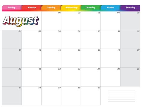 August 2023 Simple Rainbow Colorful Monthly Planner Calendar 16625084